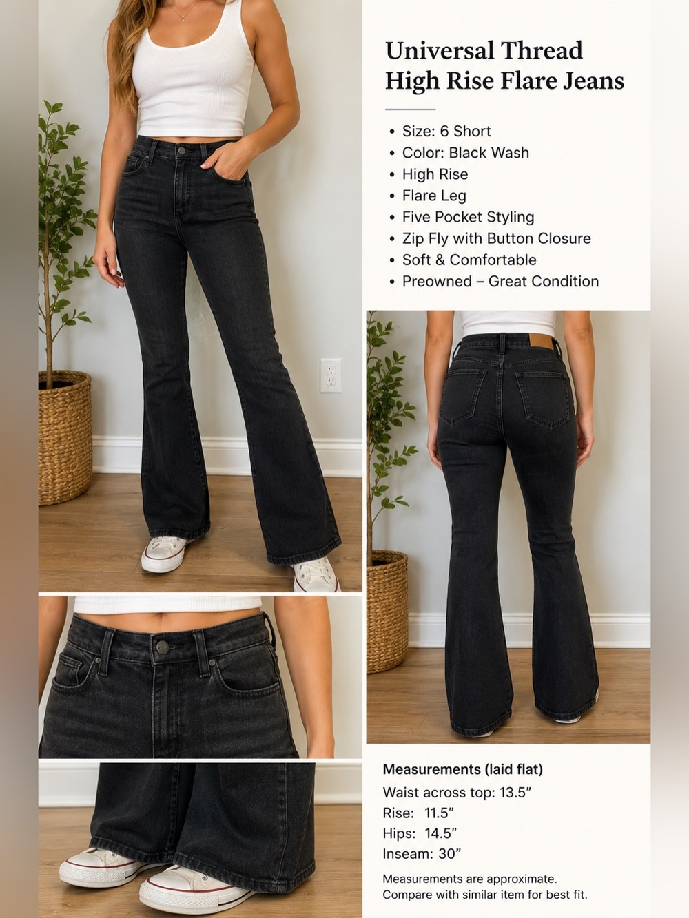 Universal Thread Women’s Size 6 Short High Rise Flare Jeans Black Wash 30 in